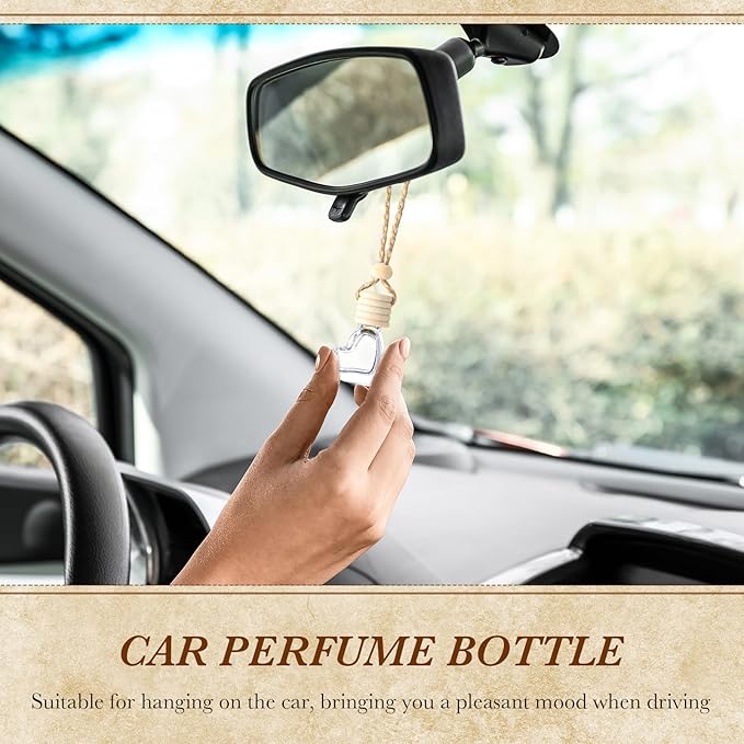 BBTO 200 Pcs Hanging Car Diffuser Bottles Bulk, Empty Clear Glass Air Freshener Bottles with Wooden Cap for Perfume Essential Oils Fragrance Aromatherapy Ornament(Heart)