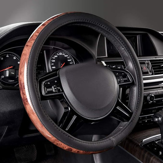 CAR PASS Wood Grain Microfiber Leather Steering Wheel Cover, Universal Fit for 14 1/2-15 inch Black Steering Wheel, Anti-Skip Veins Design,Cars, Suvs,Vans, Sedans (Black)