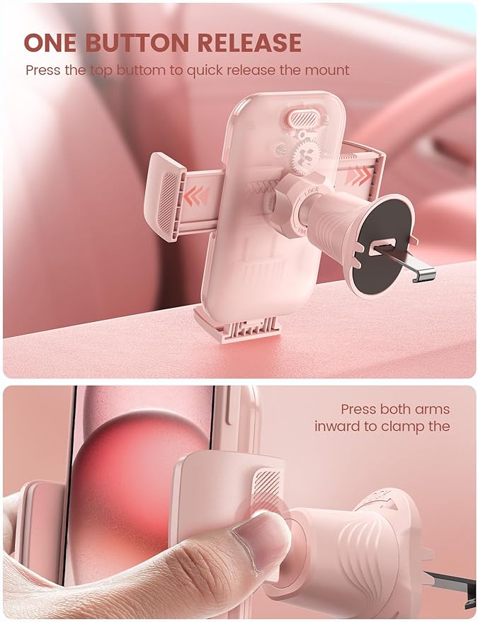 Lamicall 2026 Wider Clamp & Metal Hook Car Phone Holder Vent [Thick Cases Friendly] Phone Holders for Your Car Mount Automobile Hands Free Cradle Air Vent for iPhone 17 16 15 14 13 Pro Max Pink