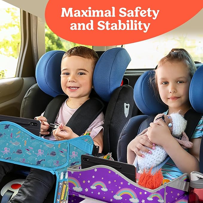PILLANI Kids Travel Tray for Car - Toddler Airplane Travel Essentials w/ Activity Sheets, Pens & Dry Erase Board - Kids Travel - Must Have Toddler Lap Desk Organizer for Airplane - Travel Accessories