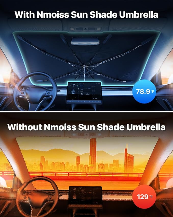 [Upgraded] Nmoiss Windshield Sun Shade Umbrella - [Vinyl Coating Heat Shield] Protect Car from Sun Rays & Heat Damage Keep Cool and Protect Interior, Spring Structure Edge Large 61" L x 35" W