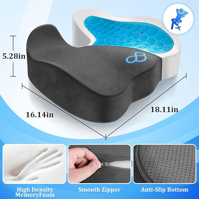 CushyOasis Seat Cushion, Gel Chair Cushions, Office Chair Cushions, Anti-Slip Bottom & Removable Cover Tailbone Pain Relief Cushion, Memory Foam Seat Cushion, 5.28 in Thick (Grey)