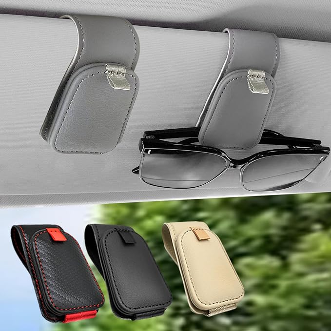 Sunglass Holder for Car, 2 Pack Car Sunglass Holder Visor Clip Magnetic Leather Sun Glasses Eyeglass Hanger, Gray, Fit for Different Size Eyeglasses