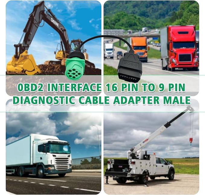 9 Pin Type 2 J1939 to 16 Pin Male OBD2 Adapter Cable for Heavy Duty Trucks and Commercial Vehicles, Green J1939 Diagnostic Connector Plug Work with Truck ELD GPS Trackers OBD Diagnostic Scanner Tool