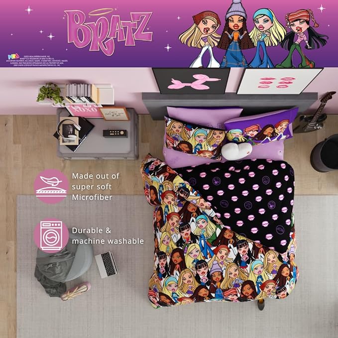 Bratz Fashion Bedding 7 Piece Super Soft Reversible Comforter and Sheet Set with Sham, Full, (100% Official Licensed Product) by Franco