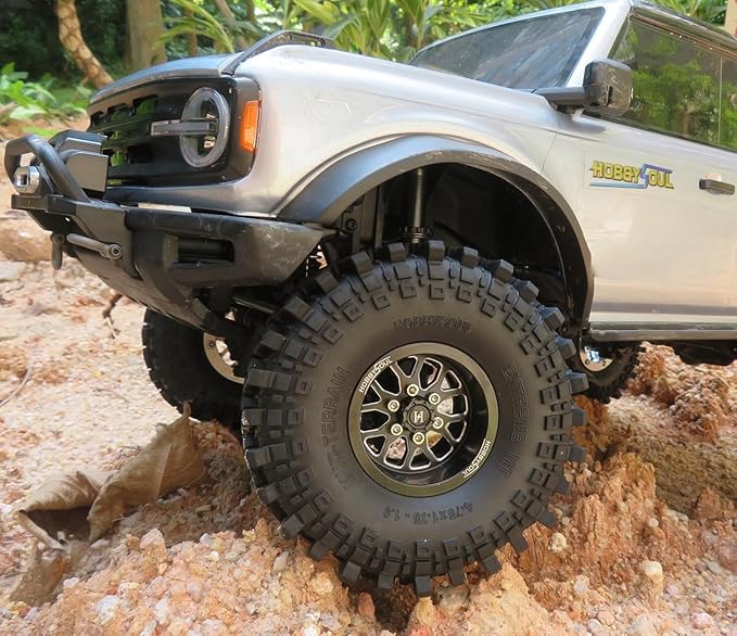 HOBBYSOUL 4pcs -10.5mm Negative Offset 1.9 Beadlock Wheels and Tires, 121mm Tall 1.9'' tyre and Rims for 1/10 RC Mud Crawler SCX10 TRX4 Gen8 Upgrades