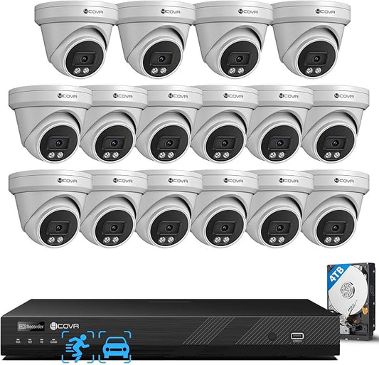 4COVR 16 Channel Security Camera System, 16x 5MP IP67 Dome Commercial PoE IP Camera, 16CH NVR with 4TB HDD, Surveillance for Business, AI Human Vehicle Detection, 24/7 Recording, LY97SA5M1616-1