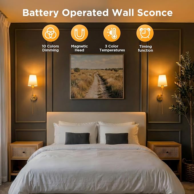 Brightown Battery Operated Wall Sconce Set of 2,Wireless Rechargeable Wall Lights with Dimmable Magnetic Bulbs and Remote for Living Room，12 Colors Linen Wall Lamp for Bedroom Hallway Decor