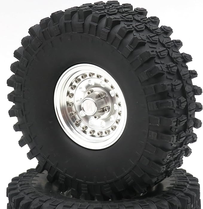 4pcs 1.9 Beadlock Wheels and Tires Height 120mm Tyre & Aluminum Rims with Heavy Metal Rings for 1/10 RC Mud Crawler Truck SCX10 TRX4 CC01, HS700651