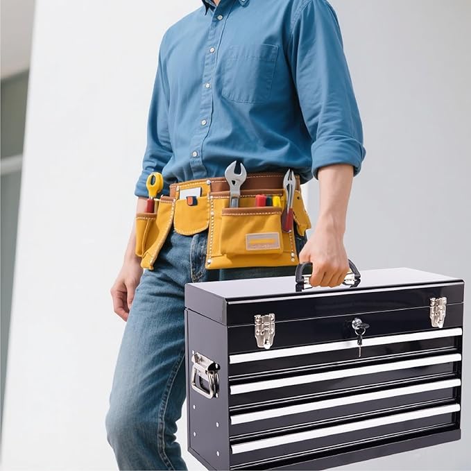 21" Portable 4 Drawer Steel Toolbox, 5 Layers of Tools with Metal Latches, with Top Storage Tray and Carrying Handle, Multi-Function Tool Chest for Garage, Home,or Workbench（black）