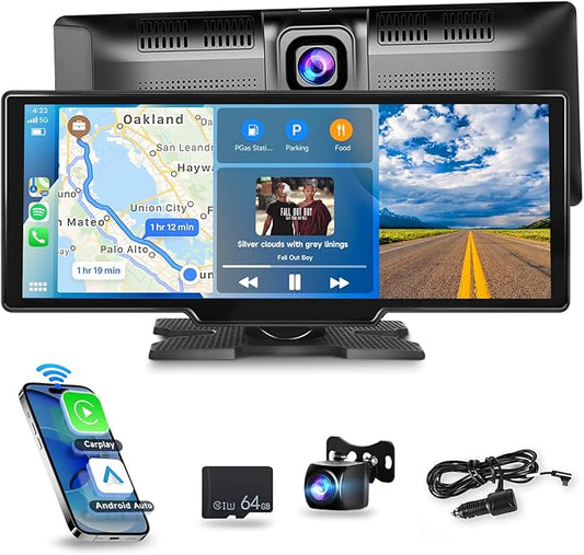[2.5K Front Camera+64G TF Card] Wireless Carplay/Android Auto Portable Car Radio with 9.3" HD Touchscreen Dash Cam, Front/Rear View Camera Stereo Receiver Bluetooth FM Transmitter AUX