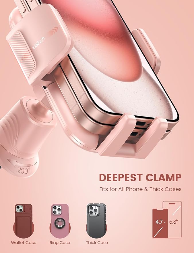 Lamicall 2026 Wider Clamp & Metal Hook Car Phone Holder Vent [Thick Cases Friendly] Phone Holders for Your Car Mount Automobile Hands Free Cradle Air Vent for iPhone 17 16 15 14 13 Pro Max Pink