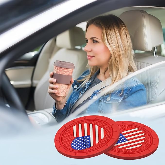 AUCELI 4 Pack Car Cup Holder Coasters, Colored American Flag US Flag Insert Car Cup Coaster, 2.75 Inch Anti Slip Shockproof Embedded Drink Mat, Vehicle Interior Decor Accessories