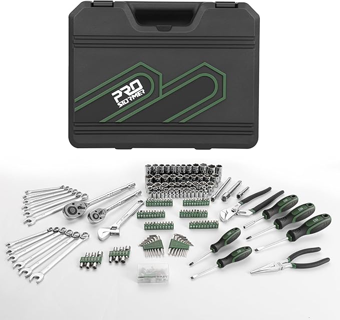 Prostormer Mechanics Tool Set with Drawer Box, 279-Piece SAE and Metric Mechanic Tool Kit with Wrenches & Sockets, General Tool Kit for Car, Motorcycle, Home Repair (Green)