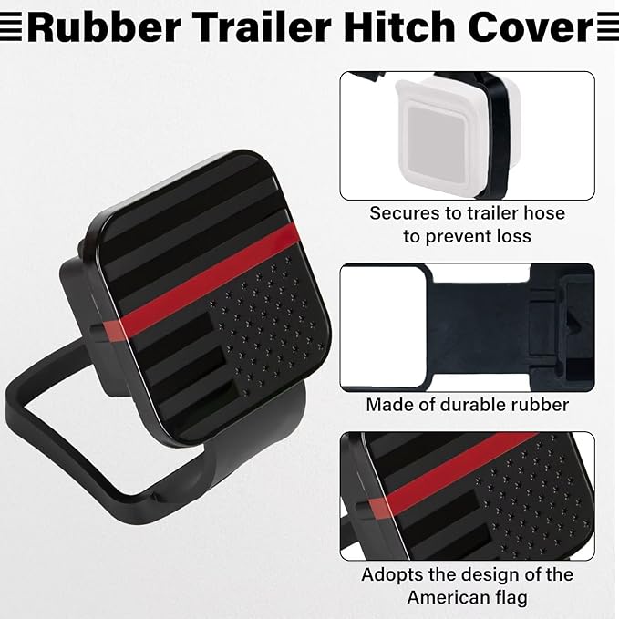 2 Inch Rubber Trailer Hitch Cover, Durable Tow Hitch Covers with American Flag, Car Exterior Accessories Fits for 2 Inches Hitch Receivers, Hitch Cover Tube Plug Cap for Trucks(Black&Red Line)