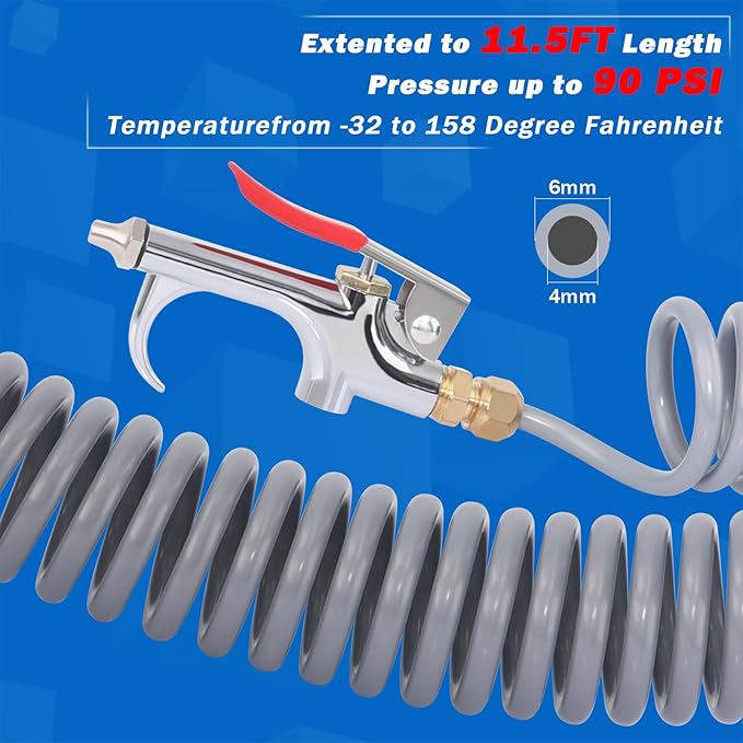 Heavy Duty Truck Air Seat Blow Gun Kit 1/4 Inch 11.5FT PA Nylon Coil Air Hose Brass Compression Fittings Connect Lever Air Duster Blow Gun Cleaning with 2 Nozzle Tips Gray