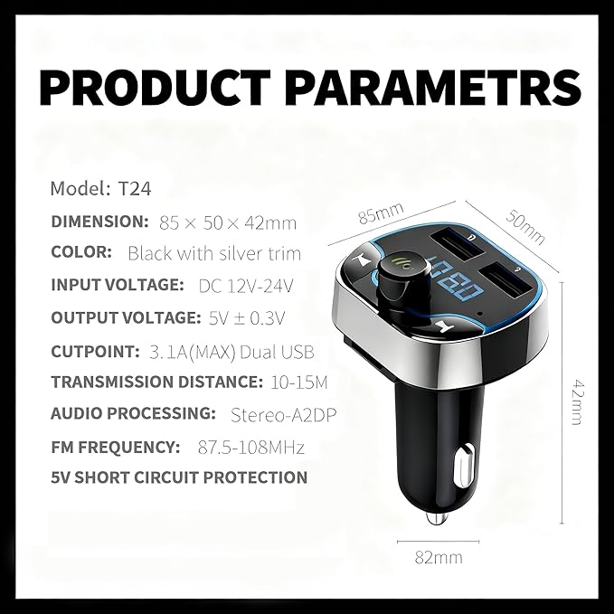 Bluetooth FM Transmitter Car Adapter with LED Voltage Display, Hands-Free Calling, Dual USB Car Charger, Supports MP3, Radio, TF Card, USB Disk Playback