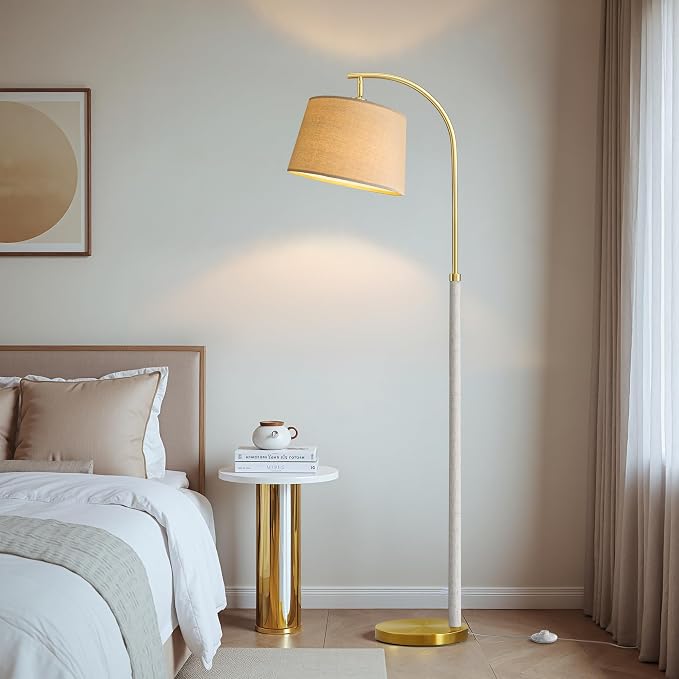 G-SAFAVA 63" Wood Floor Lamps for Living Room with Foot Switch Arc Tall Standing Lamp for Bedroom Mid Century Modern Corner Gold Floor Lamps for Office Nursery Industrial Reading Lamp, White