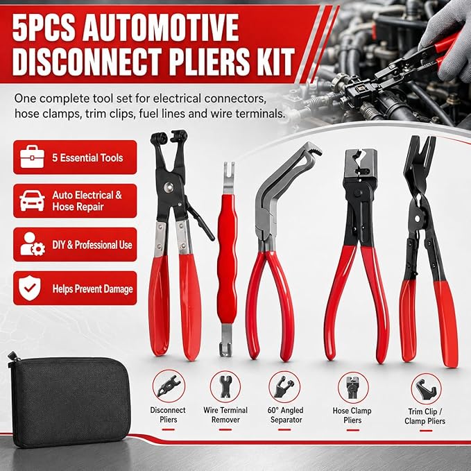Automotive Electrical Disconnect Pliers Kit 5pc Fuel Line Tool Set Hose Clamp 60° Angled Connector Separator Trim Clip Removal Tools Plug Release & Wire Terminal Remover for Auto Repair