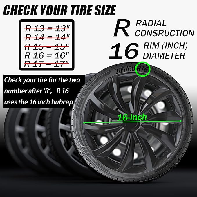 Hubcap Wheel Cover Replacement R16 Hub Caps Universal-Fit Steel Wheel Rim Cover ABS Material Exterior Accessories for Car Truck SUV -Set of 4（16-inch，Black）