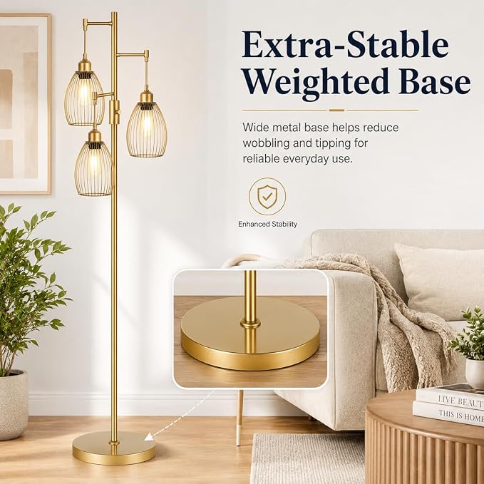 Dimmable Floor Lamp, 3 x 800LM LED Edison Bulbs Included, Farmhouse Industrial Floor Lamp Standing Tree Lamp with Elegant Teardrop Cage Head Tall Lamp for Living Room Bedroom Office Dining Room - Gold