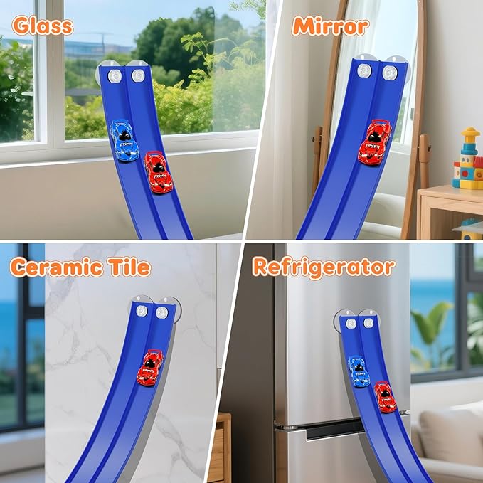 KETIEE Flex Tracks 16Ft for Kids: Flexible Race Car Ramp Track with 2 Small Racecars and 4 Suction Cups Compatible with Diecast 1/64th Cars, Rolls Up Portable Racetrack for Ages 3 & Up