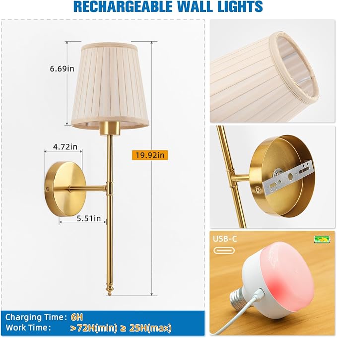 NIORSUN 19.9 inch Battery Operated Wall Sconce Set of 2,Beige Gold Rechargeable Wall Lights with 10400mAh Dimmable Bulbs and Remote, 9 Colors Wireless Wall Lamps for Bedroom Living Room Decor