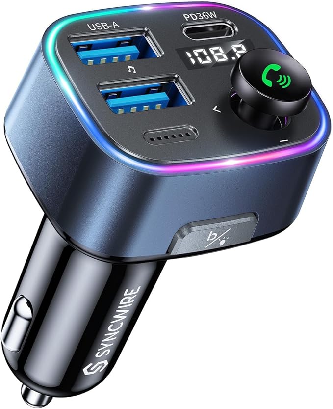 Syncwire Bluetooth 5.4 FM Transmitter Car Adapter 48W(PD 36W & 12W) [Light Switch] [Hi-Fi Deep Bass] [Fast Charging] Wireless Radio Music Adapter LED Display Hands-Free Calling Support USB Drive