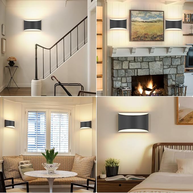 FOLKSMATE Modern LED Wall Sconces Set of 2, 3000K Warm White Up and Down Wall Mount Light, Extra Large Black Interior Wall Light Hardwired Lamp for Indoor Living Room Bedroom Hallway Basement Stairway