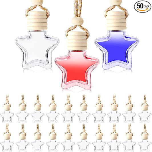 BBTO 50 Pcs Hanging Car Air Freshener Car Diffuser Bottles Empty Glass Perfume Bottle Freshener Diffuser Bottle Pendant for Essential Oil Fragrance Aromatherapy Ornament(Star)