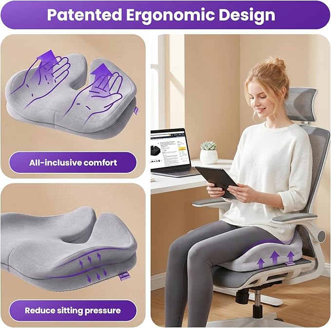 ZZ-WELL Seat Cushions for Office Chairs - Coccyx Cushion for Tailbone Pain Pressure Relief - Memory Foam Butt Pillows for Long Sitting - Patented Design, Extra Large & Thick, 21.2 Inches (Light Grey)