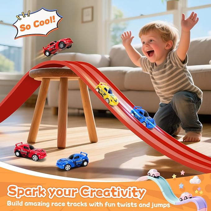 KETIEE Flex Tracks 16Ft for Kids: Flexible Race Car Ramp Track with 2 Small Racecars and 4 Suction Cups Compatible with Diecast 1/64th Cars, Rolls Up Portable Racetrack for Ages 3 & Up