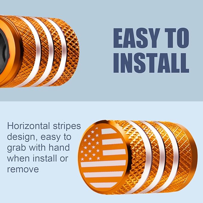 Tire Valve Stem Caps - (5 Pack) Tire Air Caps Metal with Plastic Liner Corrosion Resistant Leak-Proof American Flag for Car Truck Motorcycle Bike Orange