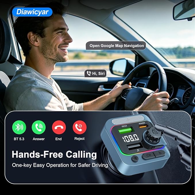 FM Transmitter Bluetooth Car Adapter - 63W Wireless Radio FM Bluetooth Transmitter with Deep Bass Player for Old Cars [PD 45W & QC3.0], Car Charger USB C Fast Charge, Hands-Free Calling, Blue