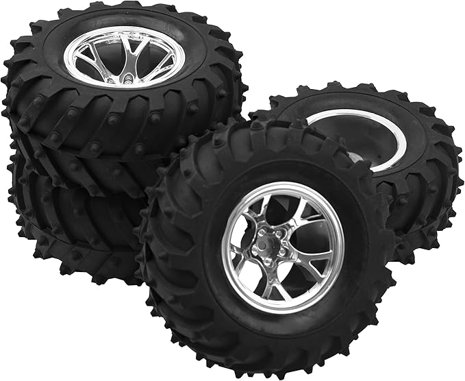 4.72''OD Rubber Tires & Wheel Rim 12mm Hex Hub Compatible with RedCat Volcano Traxxas Rustler HPI HSP Tamiya Exceed Himoto 1/10 Off-Road Monster Truck,120mmx56mm (Silver)