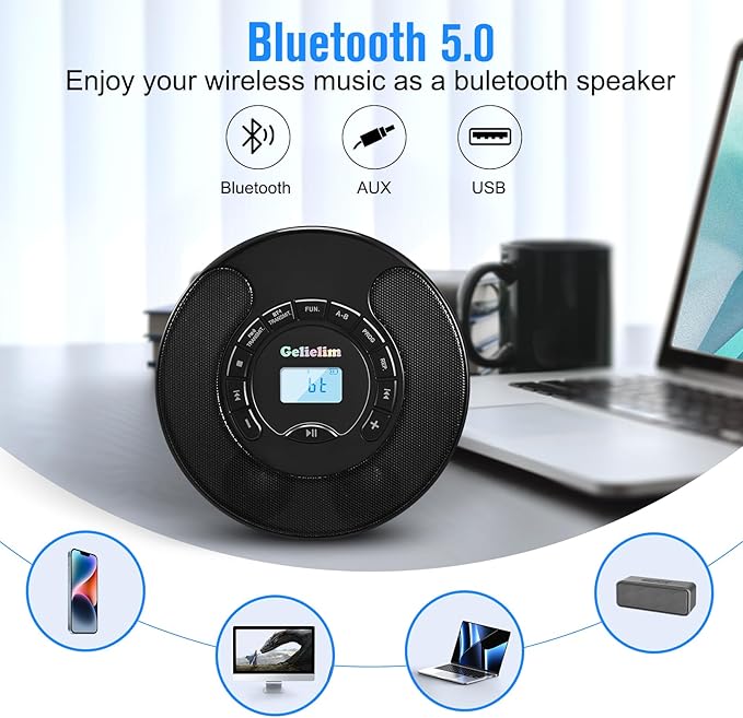 Gelielim Portable CD Player, CD Player for Car with Bluetooth and FM Transmitter, CD Music Player with Dual Stereo Speakers, Anti-Skip Protection, AUX/USB Port, 2000mAh Rechargeable Battery