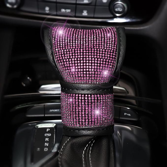 7 Pack Bling Car Accessories Set for Women Girl, Diamond Steering Wheel Cover Set 15 inch,Seat Belt Cushion,Gear Shift Cover, Pink Bling Ring,Car Coasters,Pink