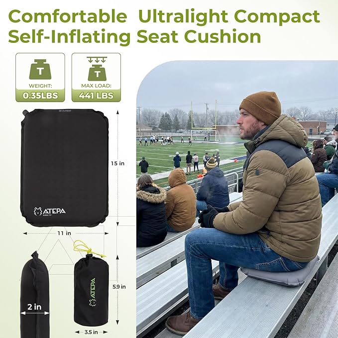 ATEPA Inflatable Seat Cushion, Compact Self-Inflating Seat Cushion for Stadium Airplane Air Travel Bleacher Camping, Blow Up Foam Seat Pad for Outdoor Sports Events Backpacking Hiking Sitting