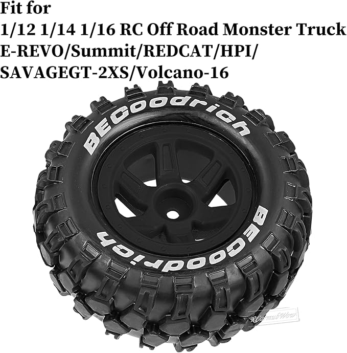 RC Wheels and Tires Off-Road Buggy Tires for 1/12 1/14 1/16 RC Off Road Monster Truck E-REVO Summit REDCAT HPI SAVAGEGT-2XS Volcano-16,1/12 1/14 1/16 Wheels Tires Set Pre-glued,Black