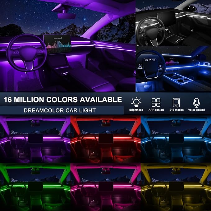 Acrylic Interior Car LED Strip Light with Wireless APP, RGB 10 in 1 with 175 inches 593 LEDs Fiber Optic Ambient Lighting Kits, 16 Million Colors Sound Active Function Car Neon Lights