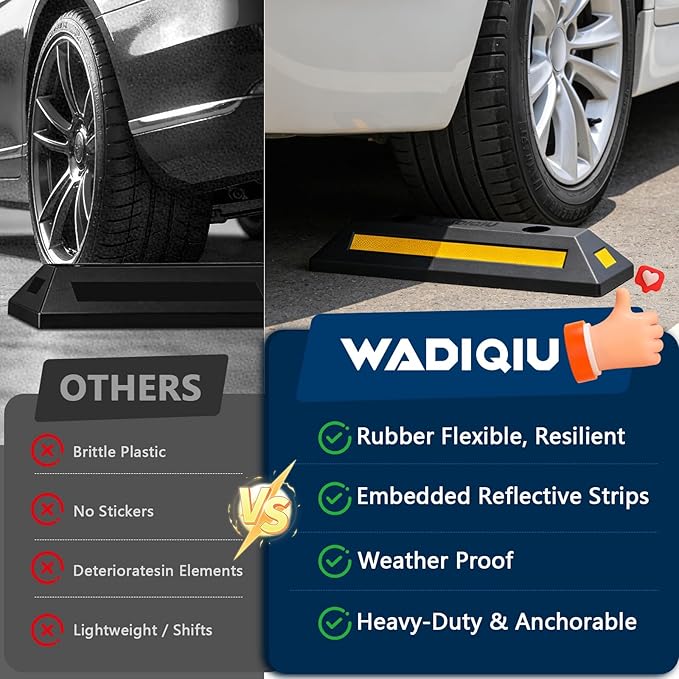 2-Pack Heavy Duty Rubber Parking Stoppers, Wheel Blocks with Reflective Stripes, Tire Stoppers for Garage, Truck, RV, Trailer, Van and Forklift, Car Parking Blocks for Garage Safety