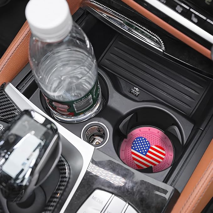 AUCELI 4 Pack Car Cup Holder Coasters, Colored American Flag US Flag Insert Car Cup Coaster, 2.75 Inch Anti Slip Shockproof Embedded Drink Mat, Vehicle Interior Decor Accessories
