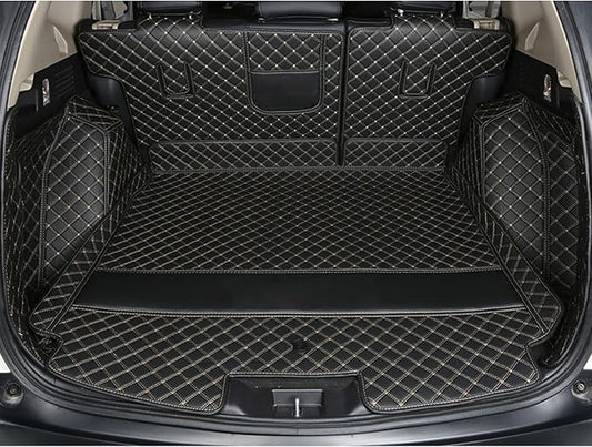 for BMW X7 2+2+2 Seater Trunk Mat Cargo Cover Dog Liner Boot Liner Full Coverage XPE Leather 3D Laser Measured (Trunk Mat+3rd Row Backrest Mat+Both Sides Panel) (Black with Gold Stitching