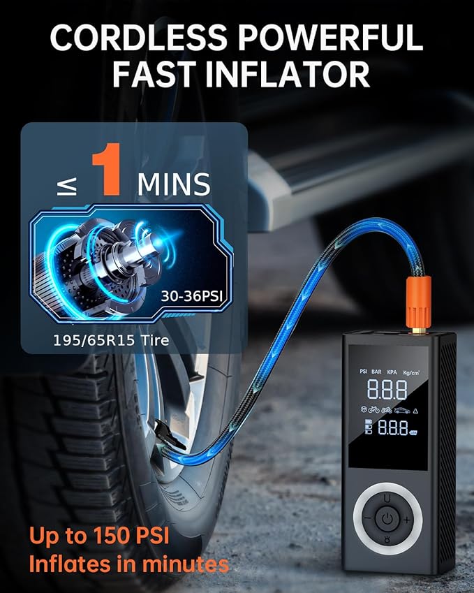 Tire Inflator Portable Air Compressor, Cordless Air Pump For Car Tires with Digital Pressure Gauge, LED Light,12V Car Power Adapter, Storage Box