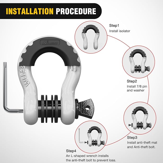 Nilight 3/4 inch D Ring Shackle 2 Pack 19T (41,887 lbs) Break Strength 4.75T WLL Heavy Duty Towing Hook with Anti-Theft System Anti-Rattle Isolators for Truck Jeep SUV ATV UTV Recovery White