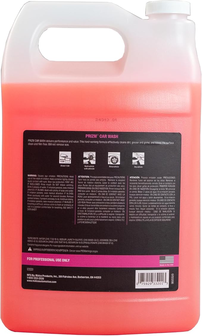 Malco Prizm Car Wash – Hard-Working, High-Foaming Automotive Cleaner/Formulated to Remove Soils and Rinse Away Cleanly/Excellent Cleaning Performance and Value / 1 Gallon (123201)