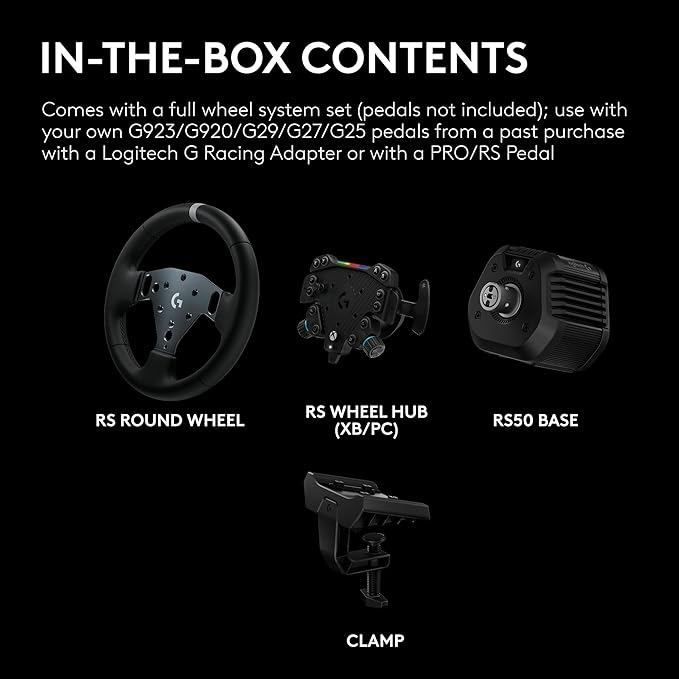 Logitech G RS50 System, 3-Piece Sim Racing Steering Wheel Setup - RS50 Wheel base with 8 Nm Direct Drive, RS Wheel Hub with 13 Buttons and RS Round Wheel 11-inch - For Xbox/PC