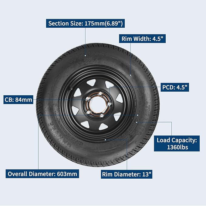 2-Pack Trailer Tire On Rim ST175/80D13 Trailer Tires and Wheels 5 Lug on 4.5 in PCD Trailer Tires with 13 in Rims Load Range C 6PR Black