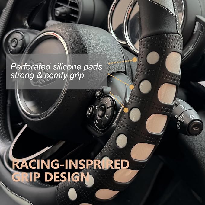 PINCTROT Large Size Race Grip Steering Wheel Cover, Anti Slip Silicone Perforated Design with Soft Touch Padding, Enhanced Grip for Sporty Driving 15.5-15.75 Inch (Racing White)