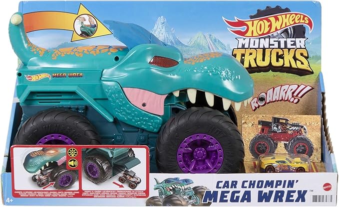 Hot Wheels Monster Trucks Car Chompin' Mega-Wrex, Large Toy Monster Truck & Toy Car, Eats & Poops 1:64 Scale Vehicles, Lights & Sounds